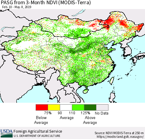 China and Taiwan PASG from 3-Month NDVI (Terra-MODIS) Thematic Map For 5/1/2019 - 5/10/2019