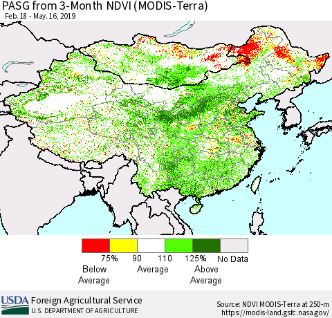 China and Taiwan PASG from 3-Month NDVI (Terra-MODIS) Thematic Map For 5/11/2019 - 5/20/2019