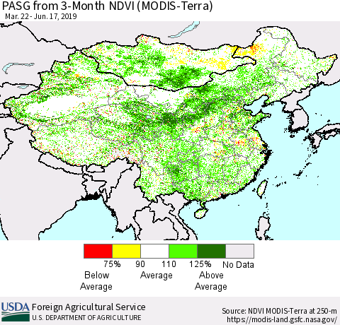 China and Taiwan PASG from 3-Month NDVI (Terra-MODIS) Thematic Map For 6/11/2019 - 6/20/2019