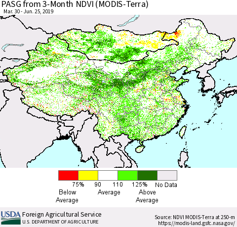 China and Taiwan PASG from 3-Month NDVI (Terra-MODIS) Thematic Map For 6/21/2019 - 6/30/2019