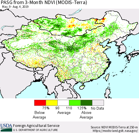 China and Taiwan PASG from 3-Month NDVI (Terra-MODIS) Thematic Map For 8/1/2019 - 8/10/2019