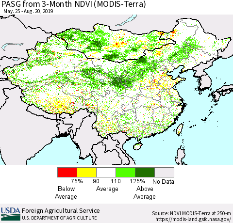 China and Taiwan PASG from 3-Month NDVI (Terra-MODIS) Thematic Map For 8/11/2019 - 8/20/2019