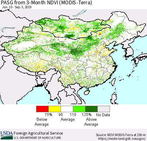 China and Taiwan PASG from 3-Month NDVI (Terra-MODIS) Thematic Map For 9/1/2019 - 9/10/2019