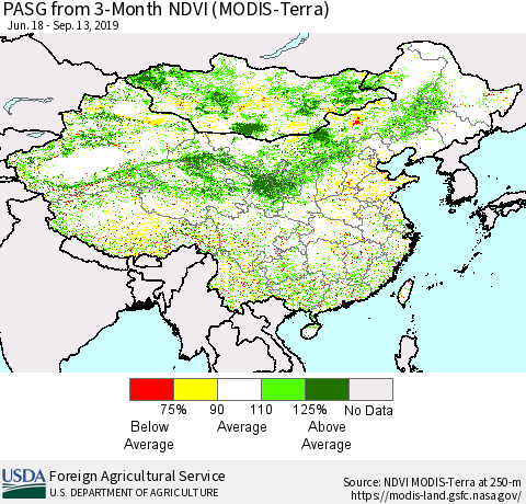 China, Mongolia and Taiwan PASG from 3-Month NDVI (Terra-MODIS) Thematic Map For 9/11/2019 - 9/20/2019