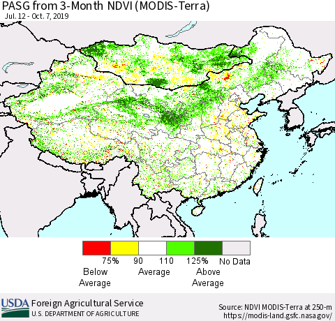 China and Taiwan PASG from 3-Month NDVI (Terra-MODIS) Thematic Map For 10/1/2019 - 10/10/2019