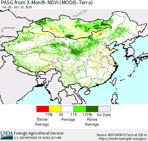 China, Mongolia and Taiwan PASG from 3-Month NDVI (Terra-MODIS) Thematic Map For 10/11/2019 - 10/20/2019