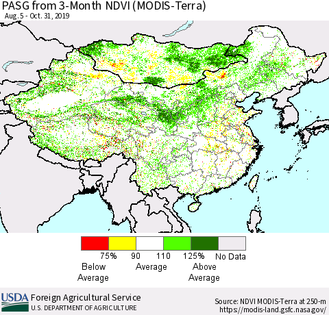 China and Taiwan PASG from 3-Month NDVI (Terra-MODIS) Thematic Map For 10/21/2019 - 10/31/2019