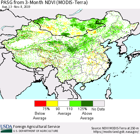 China, Mongolia and Taiwan PASG from 3-Month NDVI (Terra-MODIS) Thematic Map For 11/1/2019 - 11/10/2019