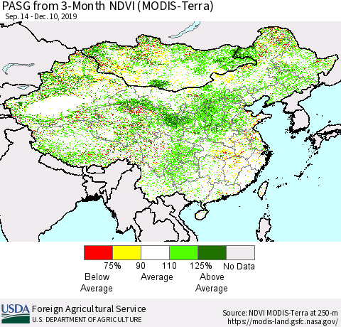 China, Mongolia and Taiwan PASG from 3-Month NDVI (Terra-MODIS) Thematic Map For 12/1/2019 - 12/10/2019