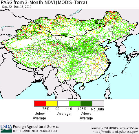China, Mongolia and Taiwan PASG from 3-Month NDVI (Terra-MODIS) Thematic Map For 12/11/2019 - 12/20/2019