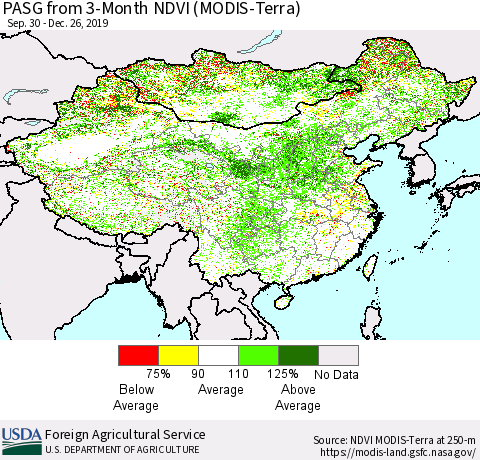 China, Mongolia and Taiwan PASG from 3-Month NDVI (Terra-MODIS) Thematic Map For 12/21/2019 - 12/31/2019