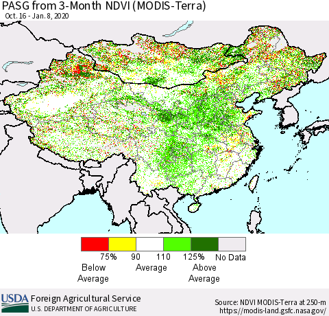 China, Mongolia and Taiwan PASG from 3-Month NDVI (Terra-MODIS) Thematic Map For 1/1/2020 - 1/10/2020