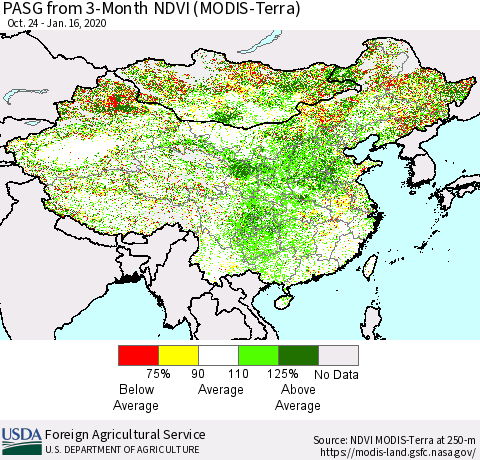 China, Mongolia and Taiwan PASG from 3-Month NDVI (Terra-MODIS) Thematic Map For 1/11/2020 - 1/20/2020