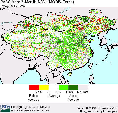 China, Mongolia and Taiwan PASG from 3-Month NDVI (Terra-MODIS) Thematic Map For 1/21/2020 - 1/31/2020
