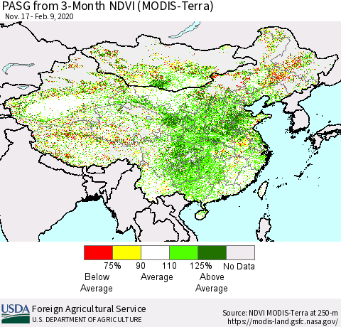 China, Mongolia and Taiwan PASG from 3-Month NDVI (Terra-MODIS) Thematic Map For 2/1/2020 - 2/10/2020