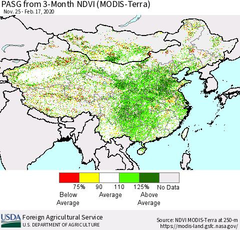 China, Mongolia and Taiwan PASG from 3-Month NDVI (Terra-MODIS) Thematic Map For 2/11/2020 - 2/20/2020