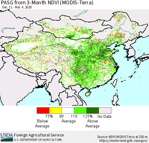 China, Mongolia and Taiwan PASG from 3-Month NDVI (Terra-MODIS) Thematic Map For 3/1/2020 - 3/10/2020