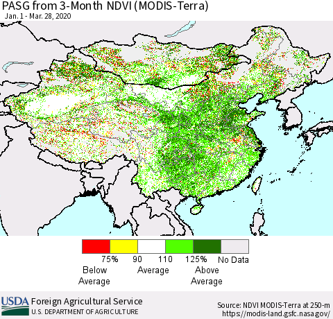 China, Mongolia and Taiwan PASG from 3-Month NDVI (Terra-MODIS) Thematic Map For 3/21/2020 - 3/31/2020
