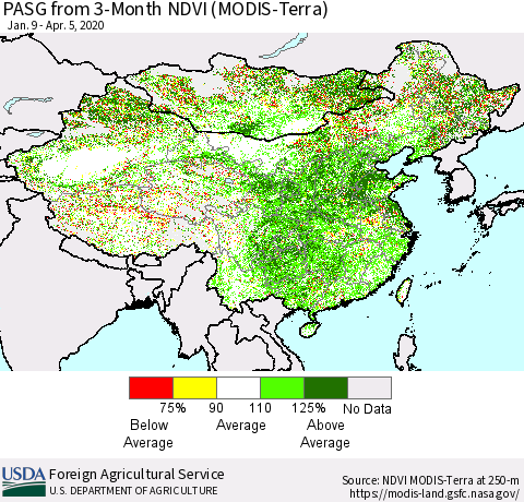 China, Mongolia and Taiwan PASG from 3-Month NDVI (Terra-MODIS) Thematic Map For 4/1/2020 - 4/10/2020