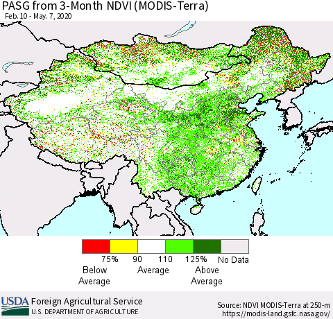 China, Mongolia and Taiwan PASG from 3-Month NDVI (Terra-MODIS) Thematic Map For 5/1/2020 - 5/10/2020