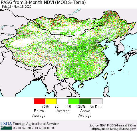China, Mongolia and Taiwan PASG from 3-Month NDVI (Terra-MODIS) Thematic Map For 5/11/2020 - 5/20/2020