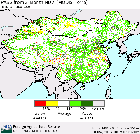 China, Mongolia and Taiwan PASG from 3-Month NDVI (Terra-MODIS) Thematic Map For 6/1/2020 - 6/10/2020