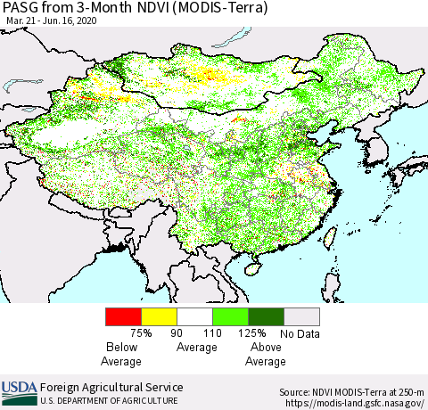 China, Mongolia and Taiwan PASG from 3-Month NDVI (Terra-MODIS) Thematic Map For 6/11/2020 - 6/20/2020