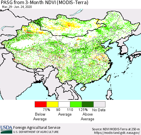 China, Mongolia and Taiwan PASG from 3-Month NDVI (Terra-MODIS) Thematic Map For 6/21/2020 - 6/30/2020
