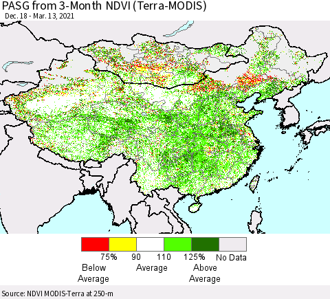 China, Mongolia and Taiwan PASG from 3-Month NDVI (Terra-MODIS) Thematic Map For 3/6/2021 - 3/13/2021