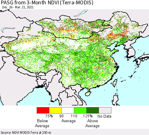 China, Mongolia and Taiwan PASG from 3-Month NDVI (Terra-MODIS) Thematic Map For 3/14/2021 - 3/21/2021