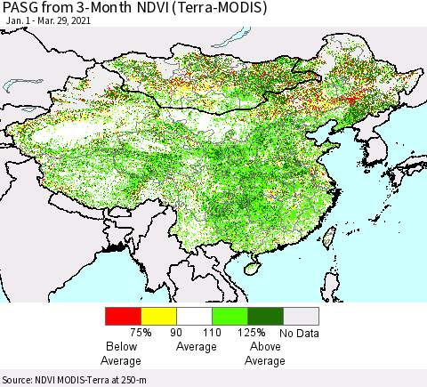 China, Mongolia and Taiwan PASG from 3-Month NDVI (Terra-MODIS) Thematic Map For 3/22/2021 - 3/29/2021