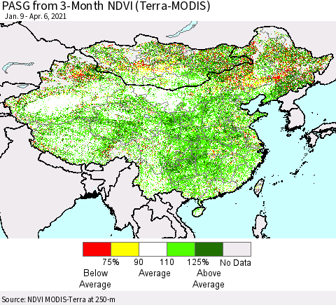 China, Mongolia and Taiwan PASG from 3-Month NDVI (Terra-MODIS) Thematic Map For 3/30/2021 - 4/6/2021
