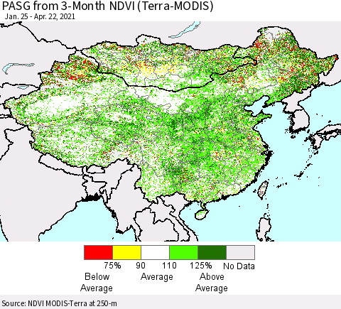 China, Mongolia and Taiwan PASG from 3-Month NDVI (Terra-MODIS) Thematic Map For 4/15/2021 - 4/22/2021