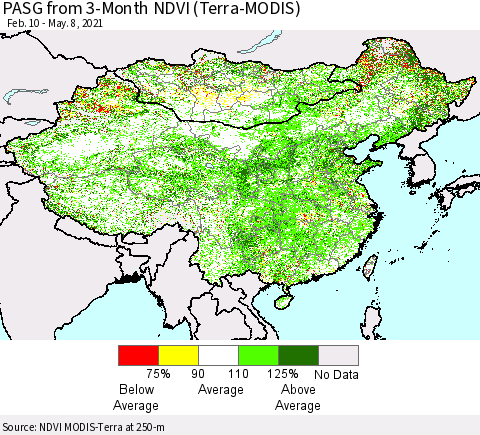 China, Mongolia and Taiwan PASG from 3-Month NDVI (Terra-MODIS) Thematic Map For 5/1/2021 - 5/8/2021