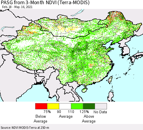 China, Mongolia and Taiwan PASG from 3-Month NDVI (Terra-MODIS) Thematic Map For 5/9/2021 - 5/16/2021