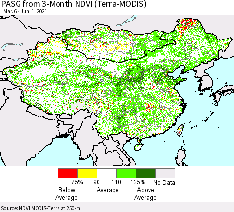 China, Mongolia and Taiwan PASG from 3-Month NDVI (Terra-MODIS) Thematic Map For 5/25/2021 - 6/1/2021
