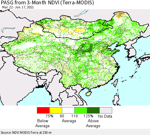 China, Mongolia and Taiwan PASG from 3-Month NDVI (Terra-MODIS) Thematic Map For 6/10/2021 - 6/17/2021