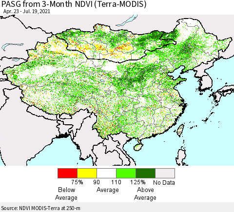 China, Mongolia and Taiwan PASG from 3-Month NDVI (Terra-MODIS) Thematic Map For 7/12/2021 - 7/19/2021