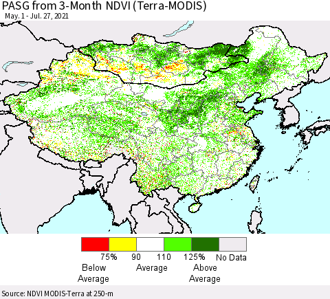 China, Mongolia and Taiwan PASG from 3-Month NDVI (Terra-MODIS) Thematic Map For 7/20/2021 - 7/27/2021