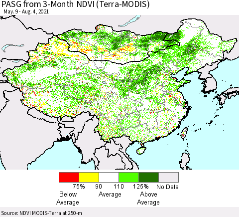 China, Mongolia and Taiwan PASG from 3-Month NDVI (Terra-MODIS) Thematic Map For 7/28/2021 - 8/4/2021