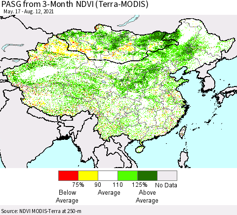 China, Mongolia and Taiwan PASG from 3-Month NDVI (Terra-MODIS) Thematic Map For 8/5/2021 - 8/12/2021