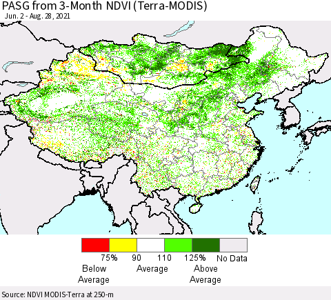 China, Mongolia and Taiwan PASG from 3-Month NDVI (Terra-MODIS) Thematic Map For 8/21/2021 - 8/28/2021
