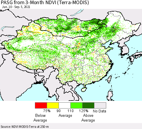 China, Mongolia and Taiwan PASG from 3-Month NDVI (Terra-MODIS) Thematic Map For 8/29/2021 - 9/5/2021