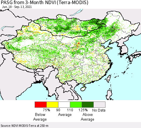 China, Mongolia and Taiwan PASG from 3-Month NDVI (Terra-MODIS) Thematic Map For 9/6/2021 - 9/13/2021