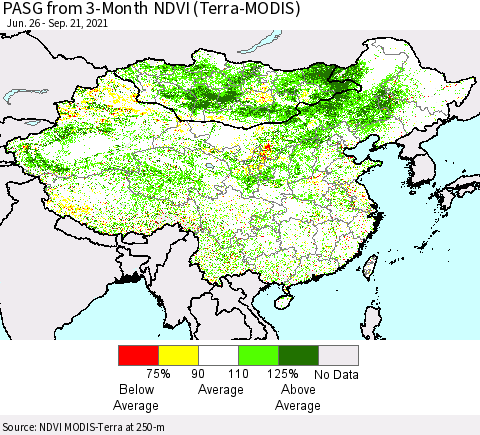 China, Mongolia and Taiwan PASG from 3-Month NDVI (Terra-MODIS) Thematic Map For 9/14/2021 - 9/21/2021