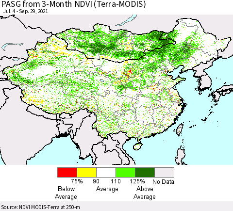 China, Mongolia and Taiwan PASG from 3-Month NDVI (Terra-MODIS) Thematic Map For 9/22/2021 - 9/29/2021