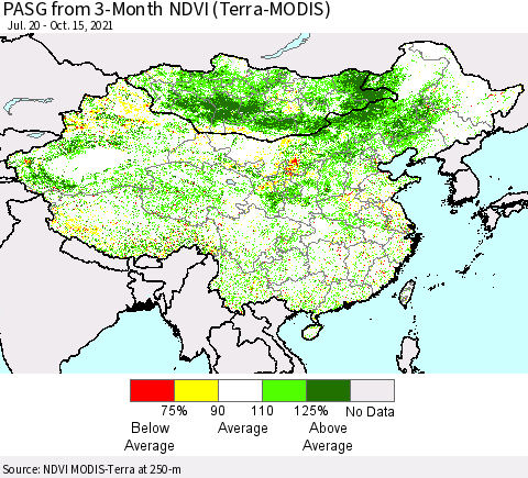 China, Mongolia and Taiwan PASG from 3-Month NDVI (Terra-MODIS) Thematic Map For 10/8/2021 - 10/15/2021