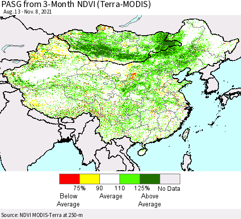 China, Mongolia and Taiwan PASG from 3-Month NDVI (Terra-MODIS) Thematic Map For 11/1/2021 - 11/8/2021