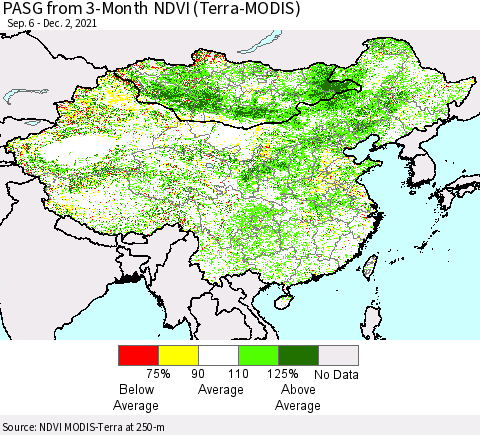 China, Mongolia and Taiwan PASG from 3-Month NDVI (Terra-MODIS) Thematic Map For 11/25/2021 - 12/2/2021