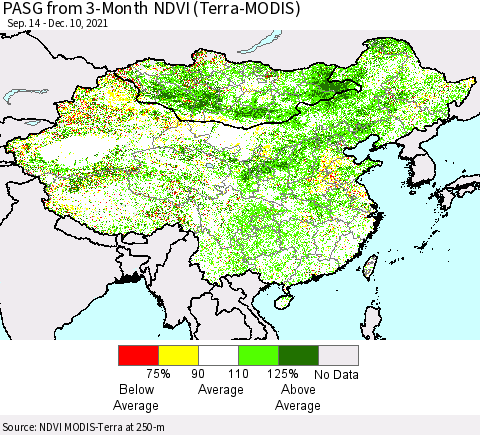 China, Mongolia and Taiwan PASG from 3-Month NDVI (Terra-MODIS) Thematic Map For 12/3/2021 - 12/10/2021